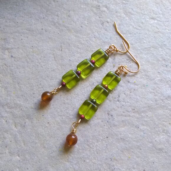 Unique Green + Russet Fall Earrings - Lightweight Slim + One-Of-a-Kind! - Picture 1 of 9